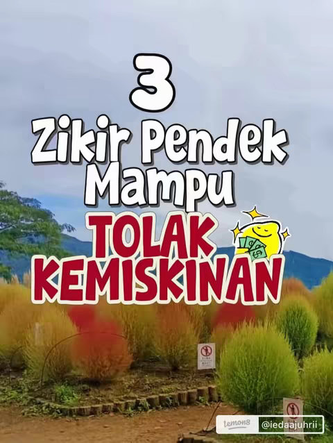 The cover image features a scenic outdoor view with green and orange bushes in the foreground and a blue sky in the background. The main text overlay is centered and highlights the topic of '3 Zikir Pendek Mampu Tolak Kemiskinan' with a decorative font. Additional images are added in the upper-right like a dollar bill with a smiley face.
