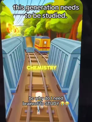 A video game scene stylized as a Subway Surfers run. The perspective is from behind the player as they run down a track, with train cars on either side. The text overlays in a vertical video format.