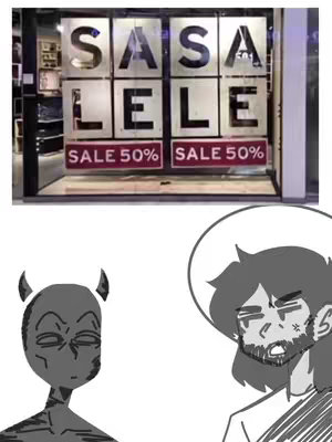 The cover image shows a split composition. The top section features a storefront with the word "SASALELE" constructed from large, transparent letters against a window. Below the letters, there are red signs indicating "SALE 50%". The bottom part presents a grayscale cartoon: on the left, a devil-like figure with horns is depicted, while on the right, a figure resembling Jesus with a halo is shown, both looking towards each other.
