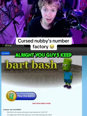 The image features a young man in the top portion, appearing to be recording. Below, a screen displays a game interface related to 'Bart Bash,' a Simpsons-themed game. The game interface includes the title in a yellow, cartoon-style font, a character resembling Bart Simpson, and a blue play button. The layout is split, with the creator's face above and the game footage taking up the lower half of the frame.