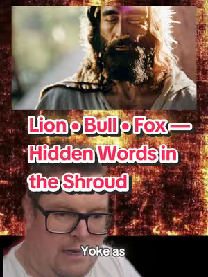 The cover image is a vertical compilation. The top portion features a blurred image of Jesus. Below that, in bold, stylized text on a textured background, reads text: 'Lion • Bull • Fox— Hidden Words in the Shroud'. The bottom of the image features a man wearing glasses with overlaid text 'Yoke as' below