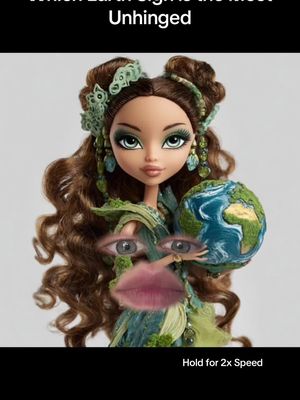 The cover image features a doll with a cartoonish face created by combining the doll’s features with superimposed eyes and lips. Above the doll is text 'Which Earth Signs is the Most Unhinged' with the caption 'Hold for 2x Speed' at the bottom.
