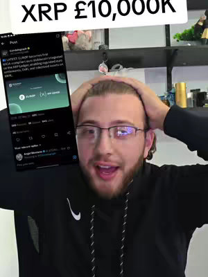 A man with glasses and a beard reacts with a surprised expression, touching his head. A phone screen with a Twitter post about XRP is overlaid. Above him is a text overlay of 'XRP £10,000K'.