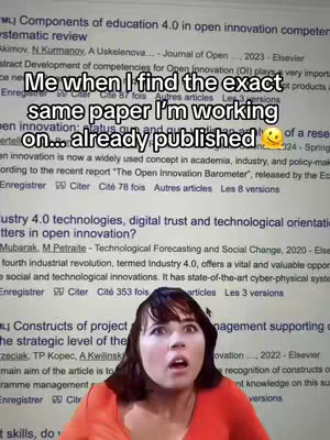 A woman with dark hair and an orange top is making a surprised face over an image of a webpage with scientific papers. Words such as 'published' and 'exact, same paper' are visible on the overlay.
