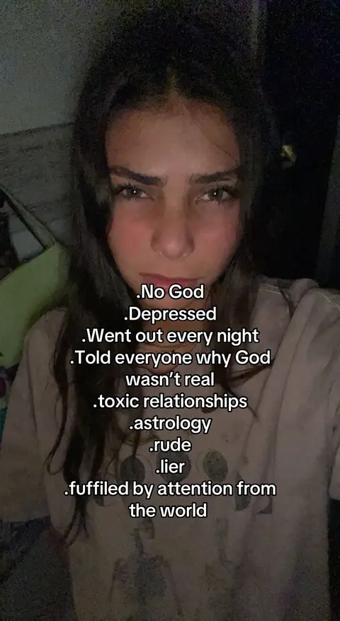 A selfie-style shot of a person looking directly at the camera. The person has dark hair and is positioned in the center of the frame. A list of text points is overlaid on the image to the right of the face.