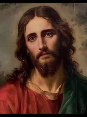 The cover image is a painting of Jesus Christ. He has long, brown hair and a beard. He is wearing a red robe with a green shawl, and the background is a muted blend of colors. The lighting suggests a soft, traditional art style with a focus on the face.