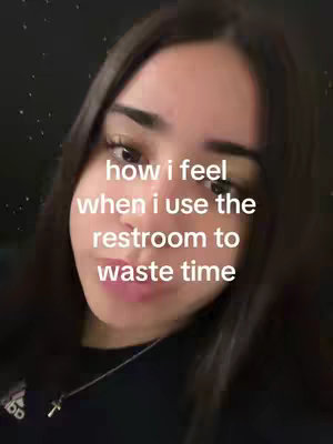 A selfie-style video cover image featuring a young woman against a dark background. The woman, with long dark hair, is positioned in the center, with her face taking up most of the frame. White text is overlaid on her face, conveying a relatable statement.