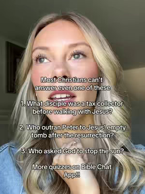 A woman with long blonde hair looks up and to the left, her face taking up most of the frame. Text overlays are positioned over her head that ask Bible trivia quiz questions.