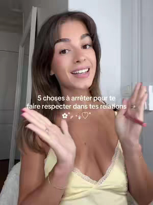 A woman with long brown hair is smiling and holding her hands out, as if offering information. Text overlays state a number of things to stop doing to be respected in relationships. The background is slightly blurred implying a room in a house.