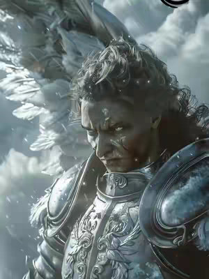 A digital illustration depicts a person with long, dark, curly hair, looking down with a somber expression. They are wearing ornate silver armor and have large, feathered wings emerging from their back. The image is set against a backdrop of a cloudy sky, conveying a sense of drama and perhaps religious themes.