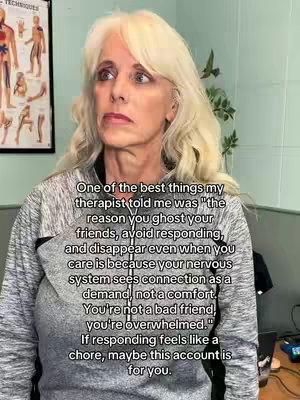 A woman with long, light blonde hair looks off to the side, while a block of text is superimposed over the top half of her image. Behind her is a poster of a human body diagram.