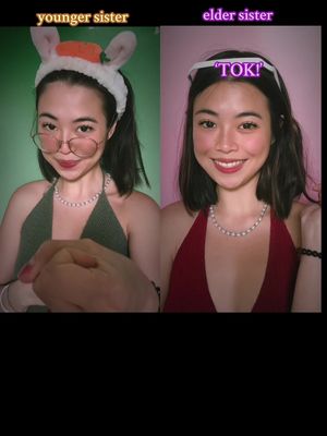 The cover image is divided into two vertical sections, each featuring a woman in a selfie-style portrait. The left side shows her wearing a bunny ear headband and glasses, with a green background behind her. The right side depicts the same woman with slightly different makeup and attire, including a headband that reads 'TOK!', in front of a pink background.