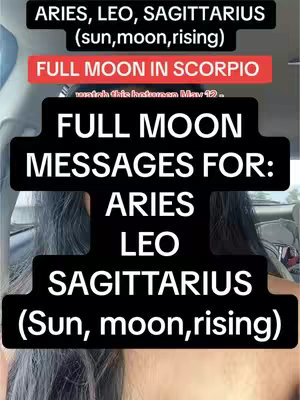 A woman with long dark hair partially covers the lower portion of her face. Text overlays in white and red boxes list astrological signs and a specific event (Full Moon in Scorpio).