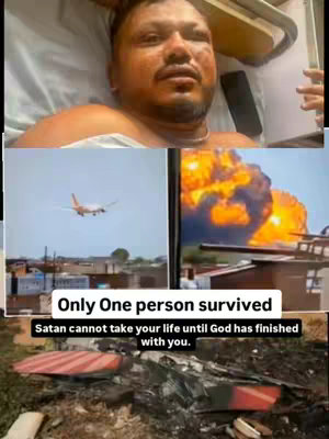 The image is a composite featuring three main sections. At the top, a man with a visibly injured face lies in a hospital bed. Below him, two side-by-side images are presented: On the left, a passenger plane flies in the sky, and on the right, a dramatic explosion. At the bottom, an image of wreckage is visible. Text overlays are positioned throughout the image, providing context and emphasizing the themes of survival and faith.
