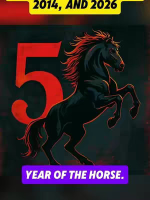 A stylized image of a rearing black horse with a red number 5 behind it. Above, text reads '2014, AND 2026' in yellow on a red background. Below the horse, text reads 'YEAR OF THE HORSE.' in white on a purple background.