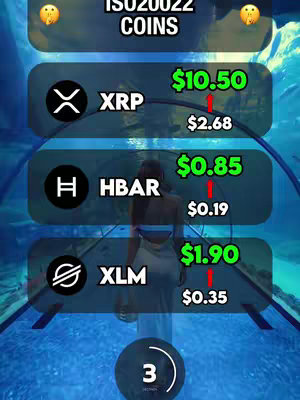 The image features an underwater scene with a woman in a white dress, visible from the back, walking in a tunnel. Overlaid on it are several black boxes containing cryptocurrency information, including the symbols for XRP, HBAR, and XLM, along with expected price values for 2026. Additional decorative elements are present in the corners.