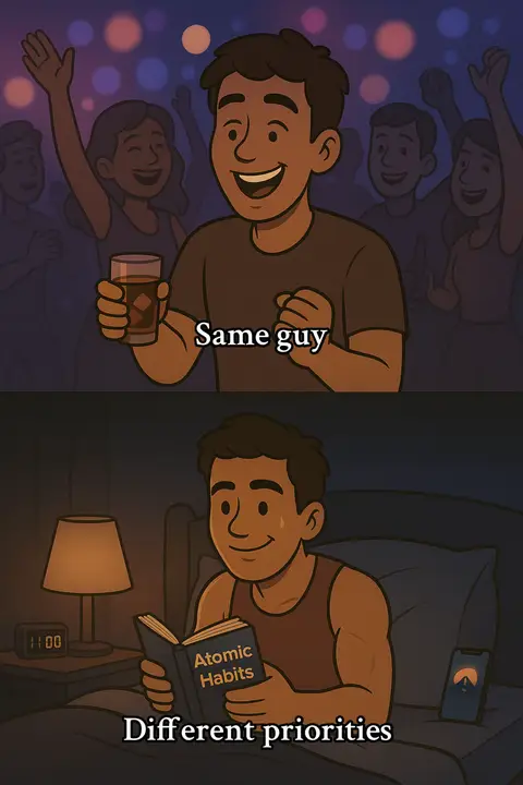 The cover image is split into two panels. The top panel depicts a man at a party, holding a drink and smiling. The background blurs into a mix of purples and blues, with indistinct figures of other people. The lower panel shows the same man in bed at night, reading a book titled 'Atomic Habits' under the soft glow of a lamp. A smartphone with a minimalist mountain logo is placed on the nightstand. The text overlay says 'Same guy' above the party scene and 'Different priorities' beneath the reading scene.