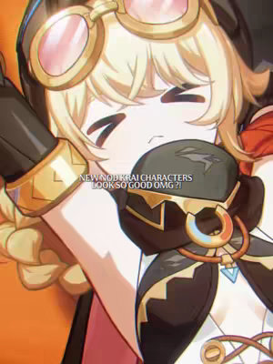An anime character, likely from Genshin Impact, is depicted in close-up. The focus is on the upper body, framed from the chest up, with the head at a three-quarter angle. The character is blonde with goggles perched at the top of the head. The character is smiling with eyes closed in a relaxed pose. A text overlay reading 'NEW NODKRAI CHARACTERS LOOK SO GOOD OMG?!' is visible.