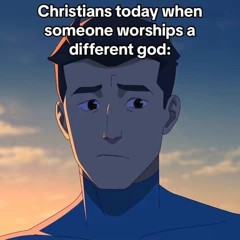 An animated illustration with a male character in the center, displaying a contemplative expression. The character, drawn in a stylized manner with defined lines and shading, features short, dark hair and is dressed in a blue outfit. The background consists of a gradient of colors, transitioning from a light blue at the top to a warmer, orange hue towards the bottom, suggesting a sunset or sunrise. Above the character's head, white text is placed, providing context to the image.