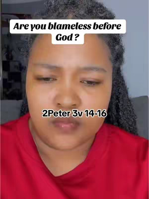 A close-up shot shows a woman with graying, wavy hair in a red top, looking down with a neutral expression. Text overlays include a question about being blameless before God and a Bible verse reference.