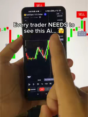 A person holding a smartphone displaying a trading chart overlayed on a background image. The phone screen shows a technical analysis of gold prices, with green and red lines representing price fluctuations. Text overlays at the top of the phone screen and in the background provide information about the trading pair and market direction with the word SELL displayed on the top right. A hook text overlaid on the phone screen, draws the viewer's attention.