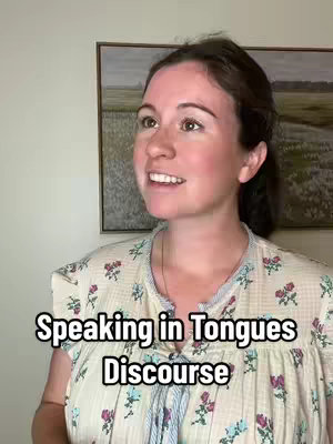 A woman in a floral top faces slightly to the right, talking. Text overlays the image.