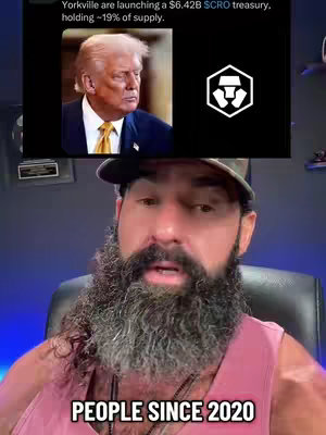The cover image features a man with a large beard in the foreground, speaking in front of the camera. Behind him, a screen shows a screenshot of a tweet containing information on crypto, Donald Trump's face also appears in a cropped image.