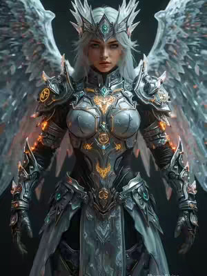 A digital illustration depicts a woman in elaborate fantasy armor, set against a dark background. The armor is detailed with intricate patterns, glowing accents with orange and teal color, and a prominent winged structure extending from the back. The composition focuses closely on the central figure, accentuating the details of the armor.