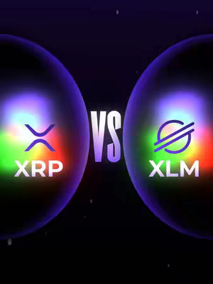 The image features a dark, space-like background. In the center, a white "VS" is positioned, flanked by two glowing, spherical shapes. The left sphere contains the "XRP" logo above the text "XRP," and the right sphere shows the "XLM" logo with the text "XLM." Both logos/texts are in white font against colorful gradients within their respective spheres. A starry or pixelated texture is faintly visible in the background.