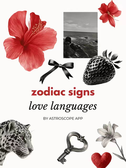 The cover image features a collage of various elements against a white background. Prominently displayed at the center is the text 'zodiac signs love languages' in a bold, red and black font with the attribution 'BY ASTROSCOPE APP'. Scattered around are artistic illustrations including a large red hibiscus flower, a black and white landscape, an black bow, a strawberry, a leopard's face, an antique-style key, a white lily and a red heart. The overall image is designed with a clean, visually appealing aesthetic.