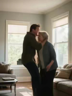 A man embraces an older woman in a well-lit living room. The man, in a casual green shirt and dark pants, has his head near the woman's as if comforting her. The woman, dressed in a blue blazer and black pants, seems receptive. Visible are a window with blinds, a sofa, two chairs, and a coffee table, suggesting a domestic setting.
