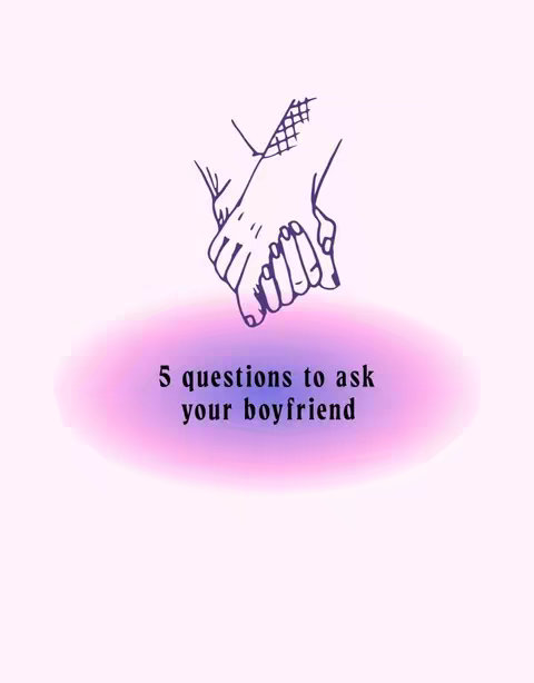 The image features a minimalist illustration of two hands holding each other, overlaid on a soft, gradient background. The hands are drawn with simple lines, indicating a close connection. A blurred, oval-shaped gradient in shades of pink and purple serves as the backdrop for text. The text, rendered in a bold, dark font, reads '5 questions to ask your boyfriend'. The overall aesthetic is gentle and romantic.