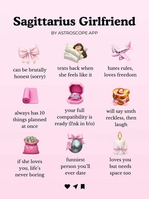 Image features a light pink background with a grid layout. The top third contains a title 'Sagittarius Girlfriend' in bold black font and the text 'BY ASTROSCOPE APP'. Below this, three rows display emojis and text, forming a list of characteristics. The emojis include a pink bow, a person sleeping, a paper plane, a yoga mat, a ring, cake, money bag, shining disco ball, and a candle. Font is a clean sans-serif, white and black coloring is used.