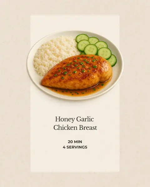 A well-lit photo of a plate with cooked chicken breast, rice and cucumber slices on a white surface. The chicken breast is centered on the plate, coated with a glazed sauce. The plate sits on a plain background with the text overlay.
