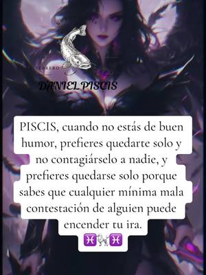 The image is a stylized vertical graphic featuring a woman with long, dark hair and dramatic makeup, who has what appears to be black angel wings. She has a mystical aura, with a purple and black color scheme. Overlaid on her shoulders is a drawing of a fish. Below the woman is a light-colored box containing text about the zodiac sign Pisces, with the sign's symbols in the bottom corners, and the name 'DANIEL PISCIS' at the top.