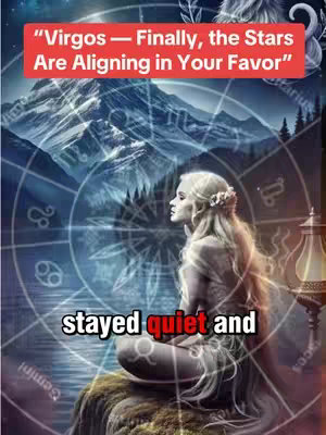 The image features a mystical scene with a woman as the central figure. She sits in a meditative pose on a rock against a backdrop of a celestial map and mountains. Overlaying text in a red box at the top reads, "Virgos - Finally, the Stars Are Aligning in Your Favor." Additionally, there is overlaid text that reads "stayed quiet and". The composition uses a cool color palette, with blues and purples dominating, creating a serene and somewhat ethereal atmosphere. A lantern on the right side adds a touch of classical aesthetic to the image, complementing the zodiac theme.
