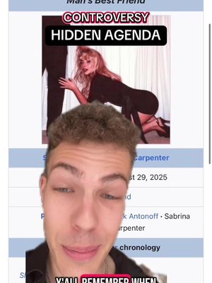 The cover image is a split frame. The main portion shows the creator's face, slightly angled, looking toward the viewer. The background features what appears to be a section from a webpage showcasing a photo of Sabrina Carpenter and text overlay with the words "Controversy" and "Hidden Agenda". The layout uses a combination of image and text layers.