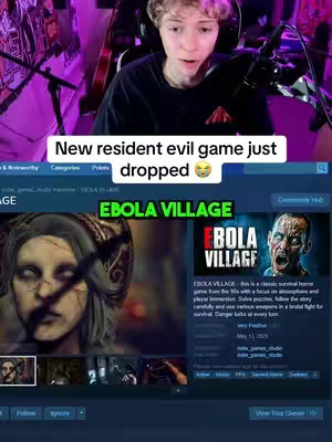 The cover image is a split-screen showcasing the creator's face and a Steam game page. The creator is in the top half, appearing with short, light-colored hair and a black t-shirt, looking surprised. The bottom half shows a screenshot of a Steam game page for 'Ebola Village', featuring a horror-themed image where a woman has gray hair and has a cracked face and another page featuring a zombie face.