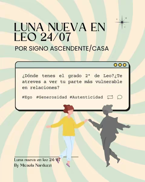 An illustration with a pastel striped background. In the center is a computer-like window with text. Below this, two stick figures appear to be connected, one in color and the other as a gray shadow. Above the window is the text "LUNA NUEVA EN LEO 24/07 POR SIGNO ASCENDENTE/CASA", and at the bottom, "Luna nueva en leo 24/07 By Micaela Narduzzi".
