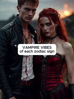 A digital art image displays a posed couple against a blurred background of a sunset or sunrise. The man on the left has dark hair and a black leather jacket over a partially blood-stained white shirt and holds a silver pendant. The woman to the right has long red hair and wears a dark red corset-style top with a high neck choker, holding a similar pendant. The text 'VAMPIRE VIBES of each zodiac sign' floats on a curved white bar above the torsos of the image.