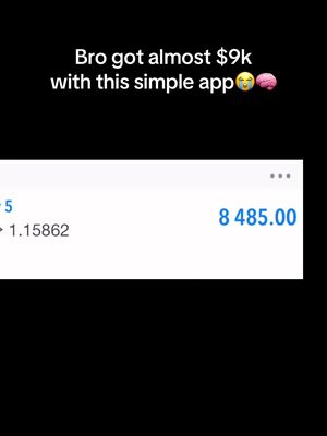 A screenshot of a trading app interface with a black background. The text overlay says, "Bro got almost $9k with this simple app" with an emoji of a face and a brain.