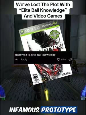 The cover image is a vertical composition with text overlayed over a scene from what appears to be a video game. At the top, in a white rectangular box, is the text 'We've Lost The Plot With "Elite Ball Knowledge" And Video Games' in a bold, sans-serif font. Below, a screenshot of a video game box appears, for 'Prototype', an intense action-adventure game. Below the game box, there is a comment bubble with a message.