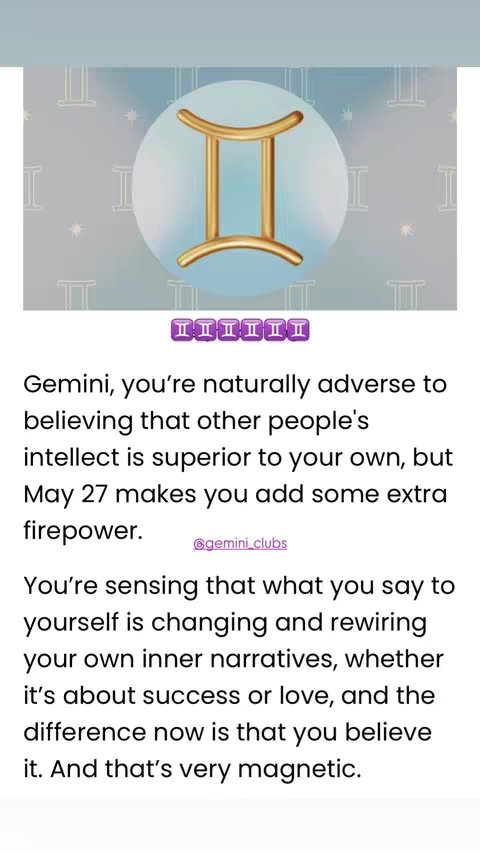 The image is a graphic designed to look like a social media post. The background has a light, blurred pattern of repeating Gemini symbols and small stars. In the center, a white circle frames a bright gold Gemini symbol in the center. Below the symbol, there’s a series of purple squares with white text. The body of the text is white on a black background.