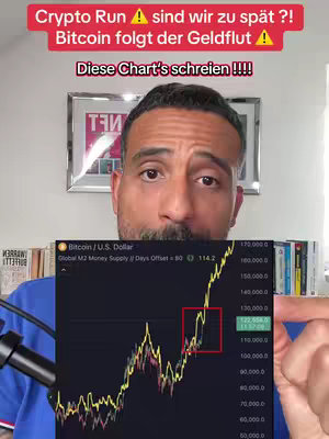 A man holds up a screen with a Bitcoin chart, with text overlayed on the image, the background is a room with shelves and bookshelves.