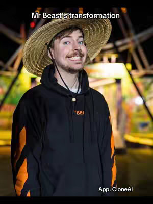 The cover image features MrBeast wearing a straw hat and a black hoodie with orange stripes on the sleeves. The background includes a blurred amusement park ride.