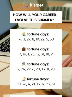 The image shows a light-colored wooden surface with a laptop and a hand. A white rectangular graphic on top features the logo of the app 'Kismet' and the text 'HOW WILL YOUR CAREER EVOLVE THIS SUMMER?' Below this, there are several sections listing 'fortune days' associated with different icons and numbers. The composition is well-lit, suggesting a professional or organized theme.