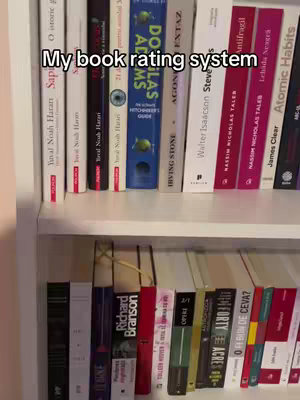 A shelf of books is captured in good lighting, with text overlayed. Books are neatly arranged on two shelves, with a variety of spines visible. The upper shelf contains books primarily in red, white, and dark colors. The lower shelf has a mix of colorful book covers. Above the top shelf is the text "My book rating system" in a clear, readable font.