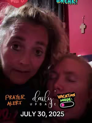 The selfie photo displays a close-up of two women, their faces filling the frame. One woman on the top shows concern and another one below appears relaxed. The backdrop seems to be a room lit by red lights with a cross on the wall on the right side, an additional text elements in heart shape at top left corner, and “BREAK!”
