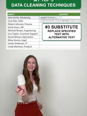 A cover image features a smiling woman, center-framed, with long brown hair, wearing a white top and red pants. Behind her, a spreadsheet-like graphic displays data cleaning techniques, including formulas and example inputs. The layout is vertical, with the woman positioned at the bottom and the graphic at the top, with the title "My Top 5 Data Cleaning Techniques".