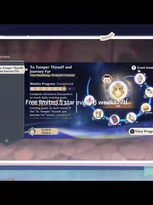 The cover image is a screenshot of the Genshin Impact game interface. The focus is on an event guide interface with several icons and text elements. The background is a dark, space-themed graphic with nebulas and stars. There are also animated circular elements with event icons on top of it. The color palette is primarily blues, purples, and whites. In front, a text overlay displays the hook.